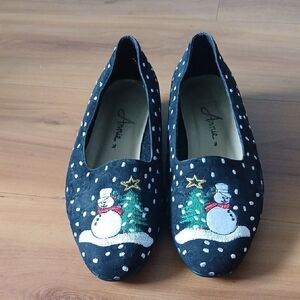 Annie Black Suede Holiday Winter Snowman Christmas Flats Sz 7 EUC